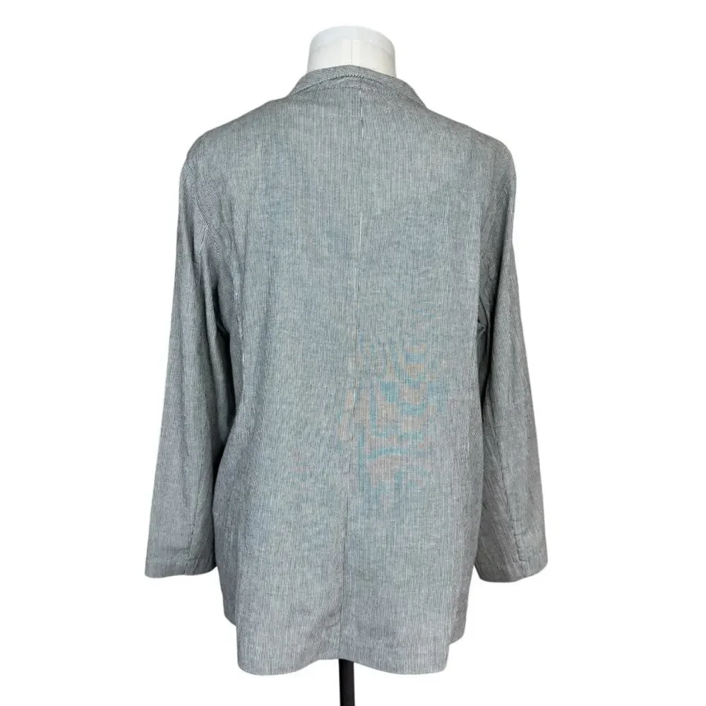 EILEEN FISHER Organic Cotton Linen Blend Open Front Jacket Black White Stripe XL